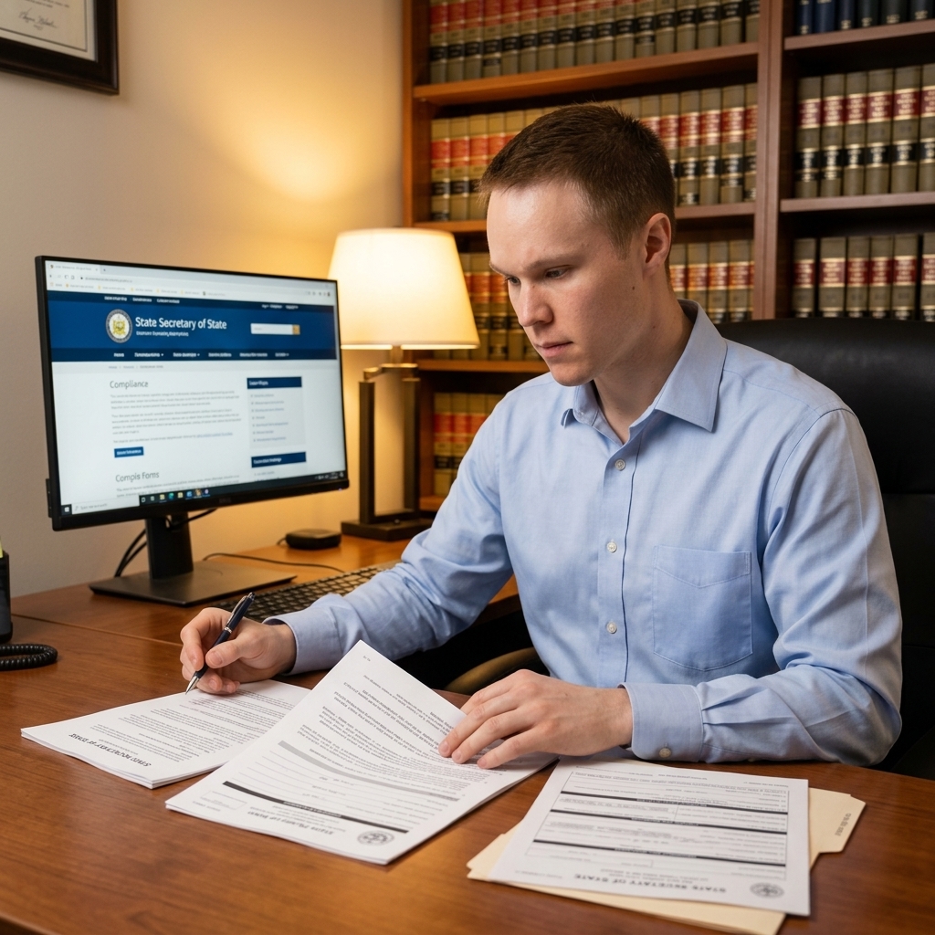 Kole reviewing state compliance filings at his desk
