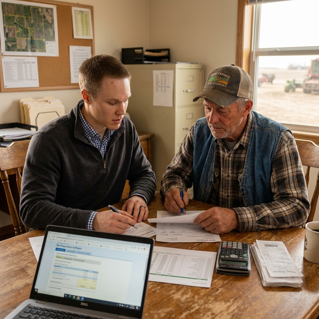 Kole reviewing tax strategy with a farmer at kitchen table