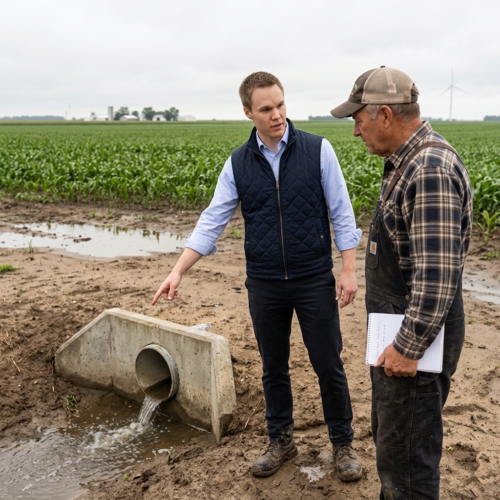 Kole pointing at a drainage tile outlet in a farm field