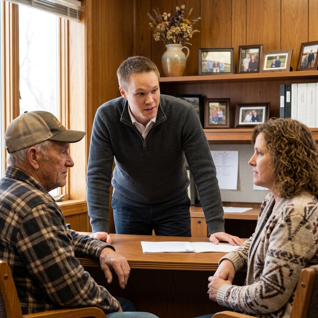 Kole consulting with elderly farmer and daughter about long-term care