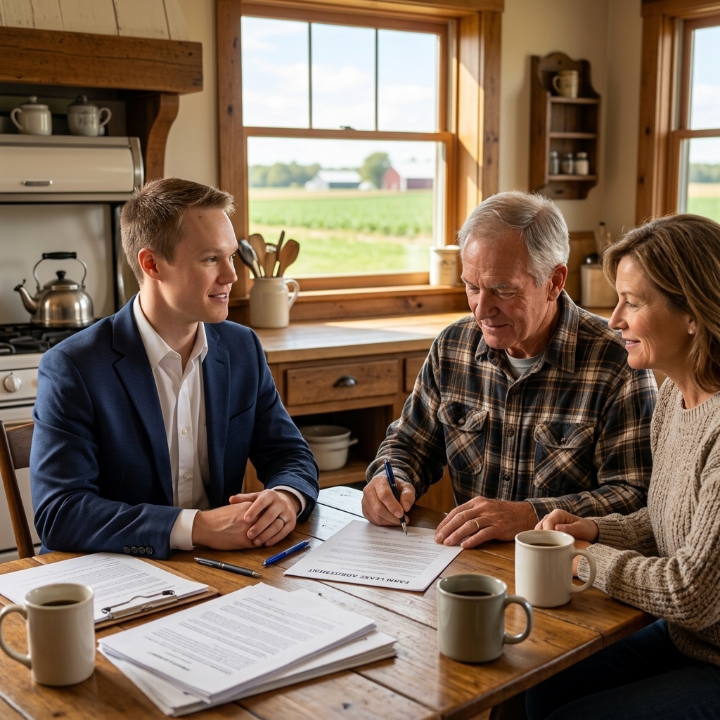 Kole with farmer and landowner signing lease at kitchen table