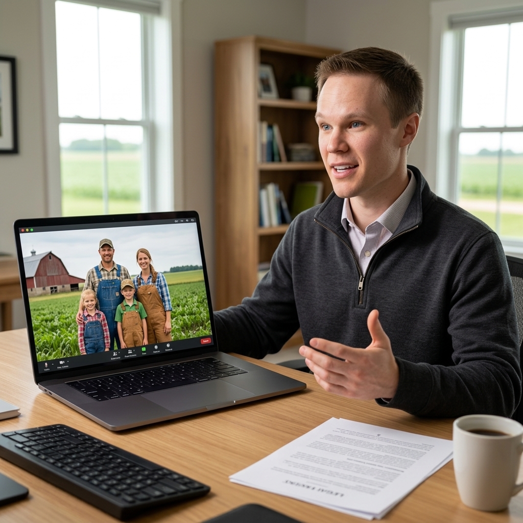Kole on a video call with a Minnesota farm family