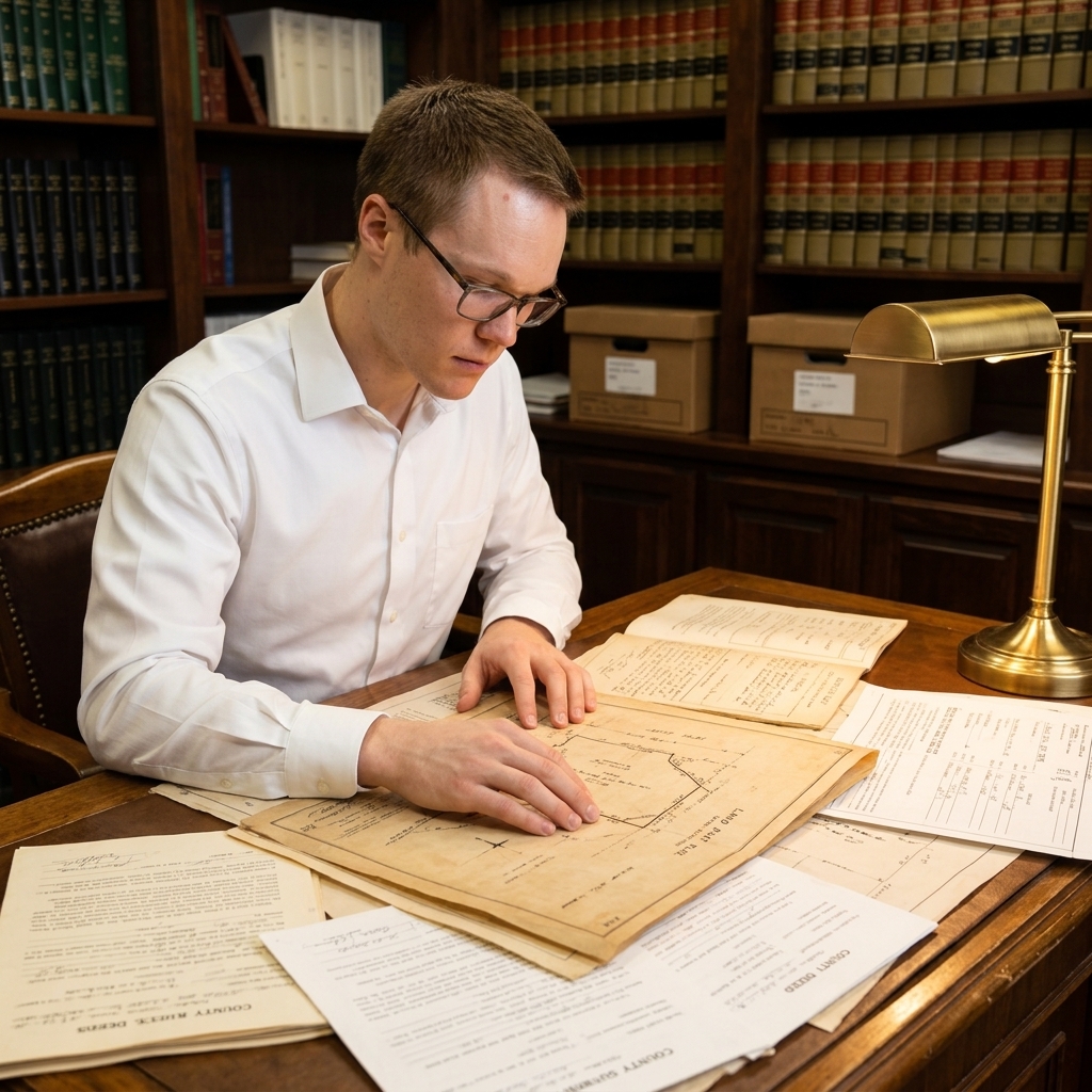 Kole examining land plat maps and county records at desk