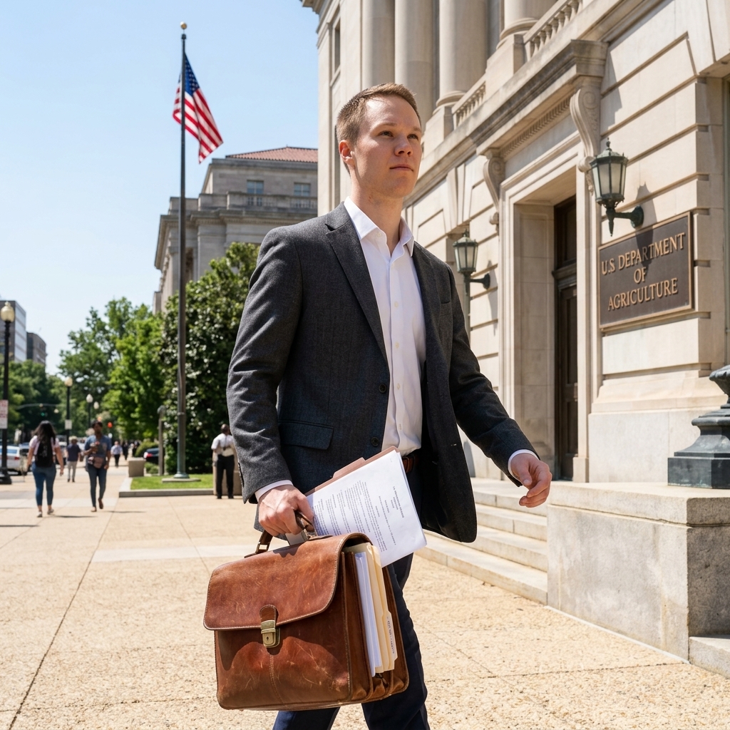 Kole walking toward USDA building with briefcase and legal documents
