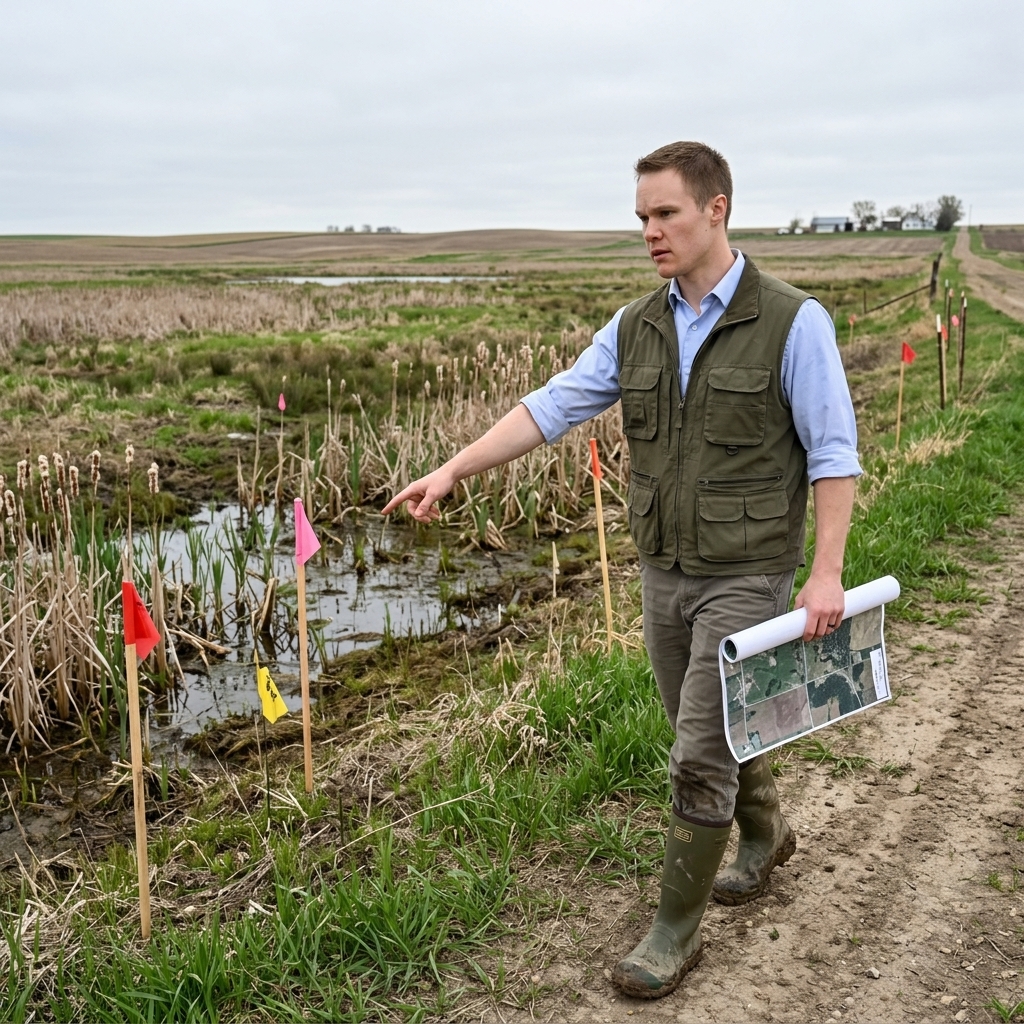 Kole surveying wetland area with aerial map and survey flags