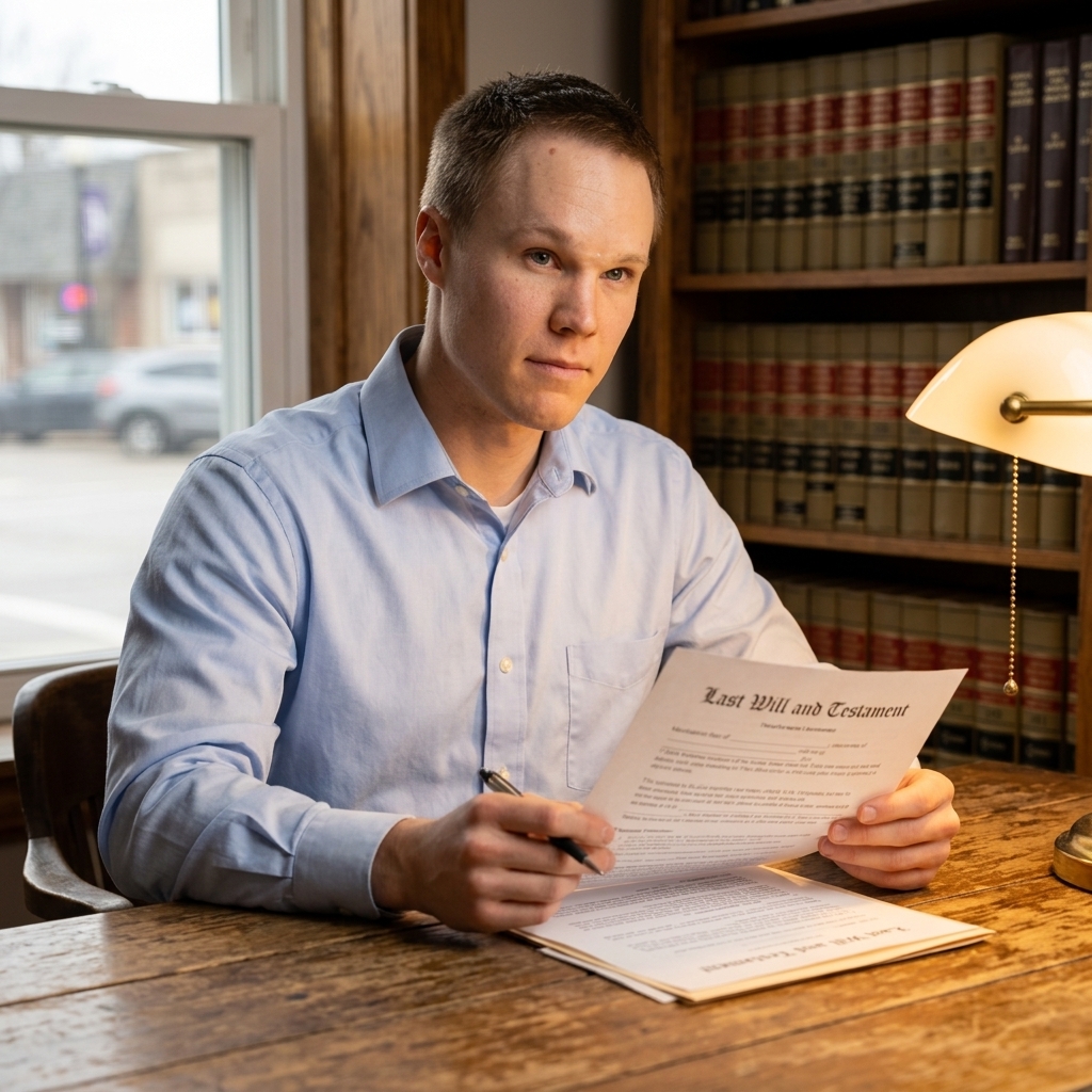 Kole reviewing Last Will and Testament at his desk