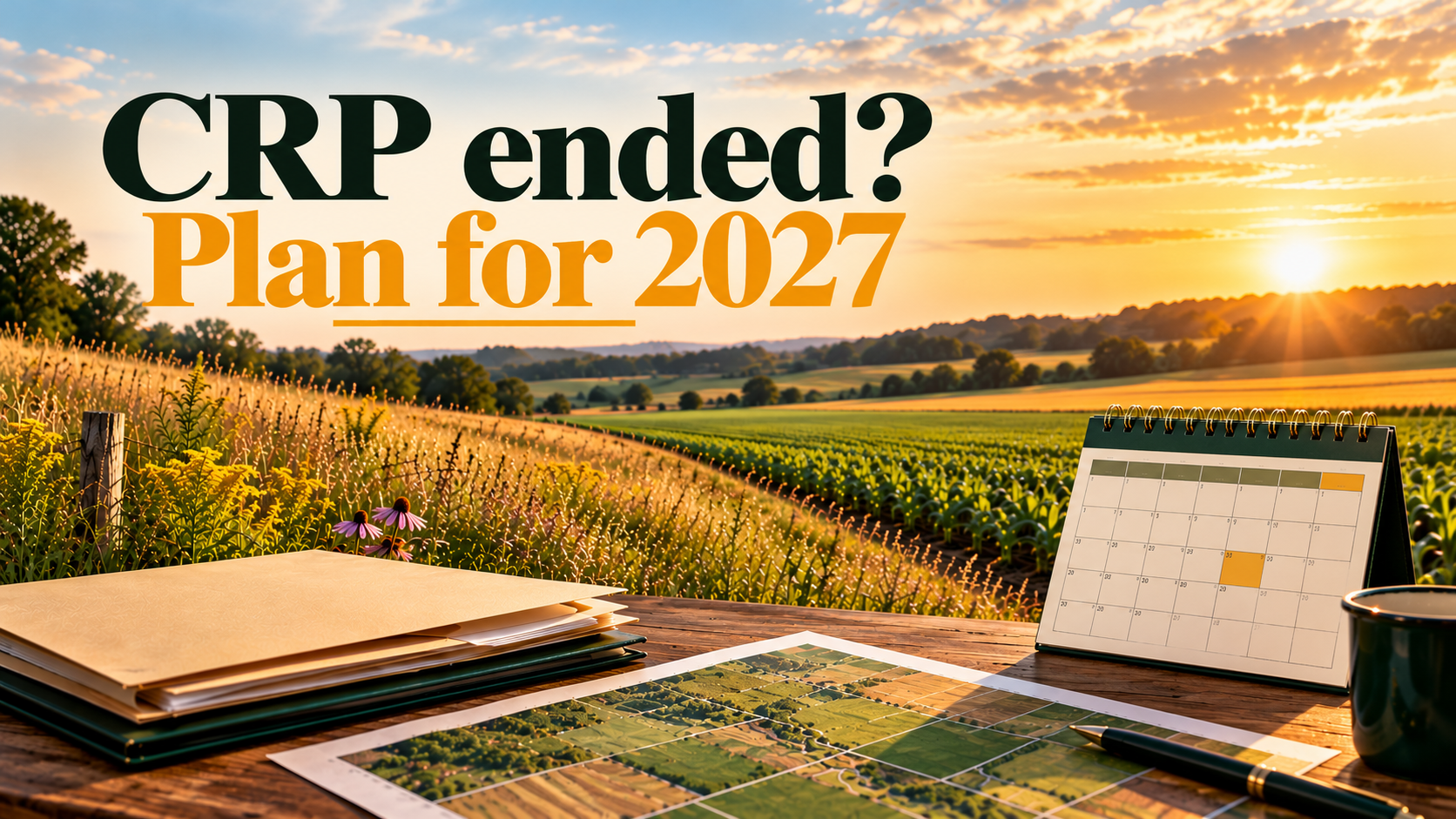 Farmland, conservation grass, a field map, folders, and a calendar at sunset, with the words CRP ended? Plan for 2027
