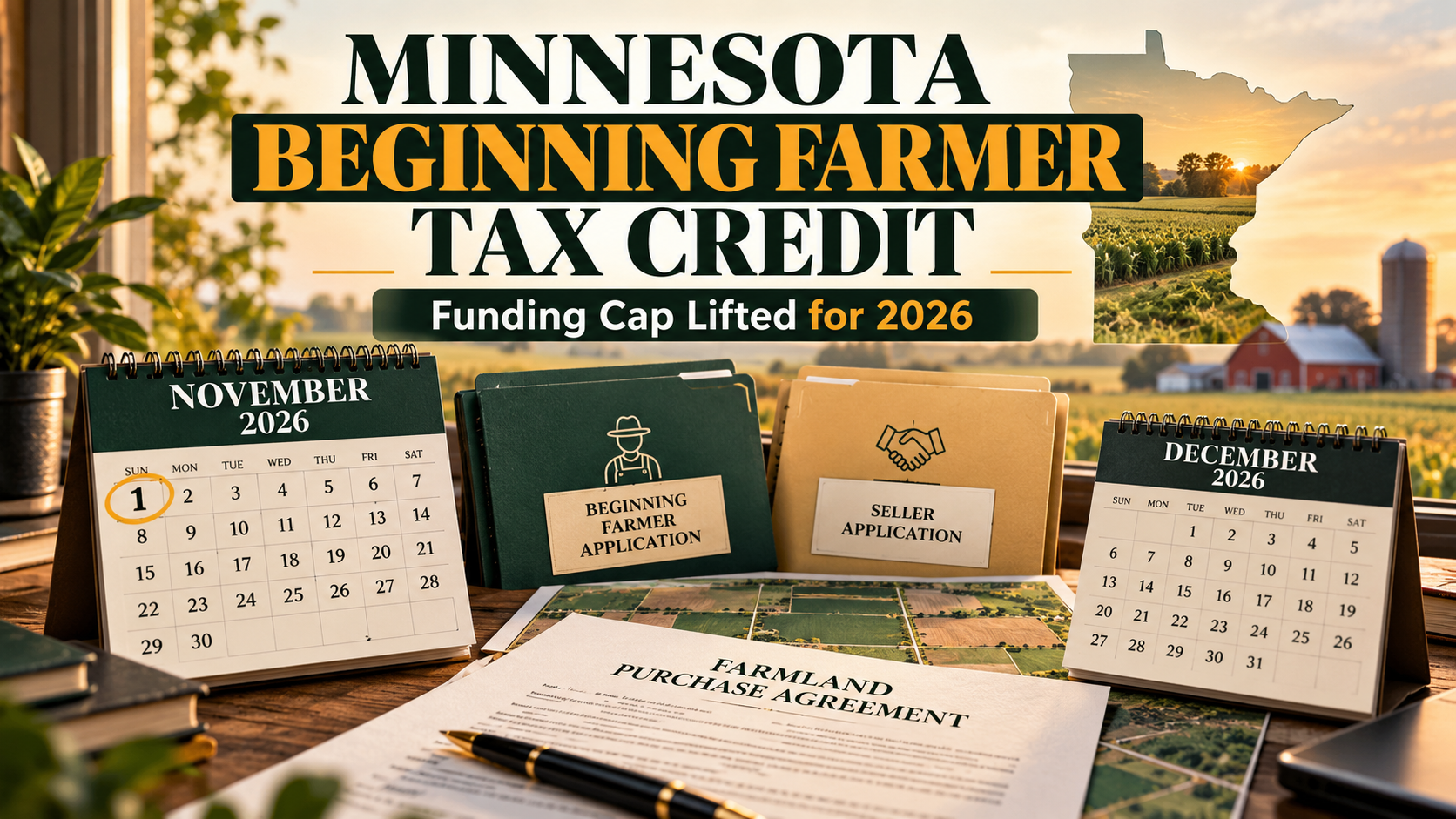 Minnesota beginning farmer tax credit planning with buyer and seller application folders, a farmland purchase agreement, and November and December 2026 calendars