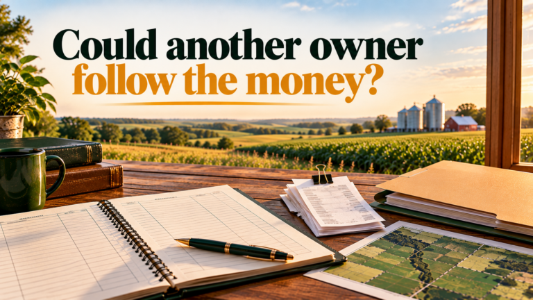 Farm-office ledger, receipts, and a folder overlooking Nebraska farmland, with the words Could another owner follow the money?