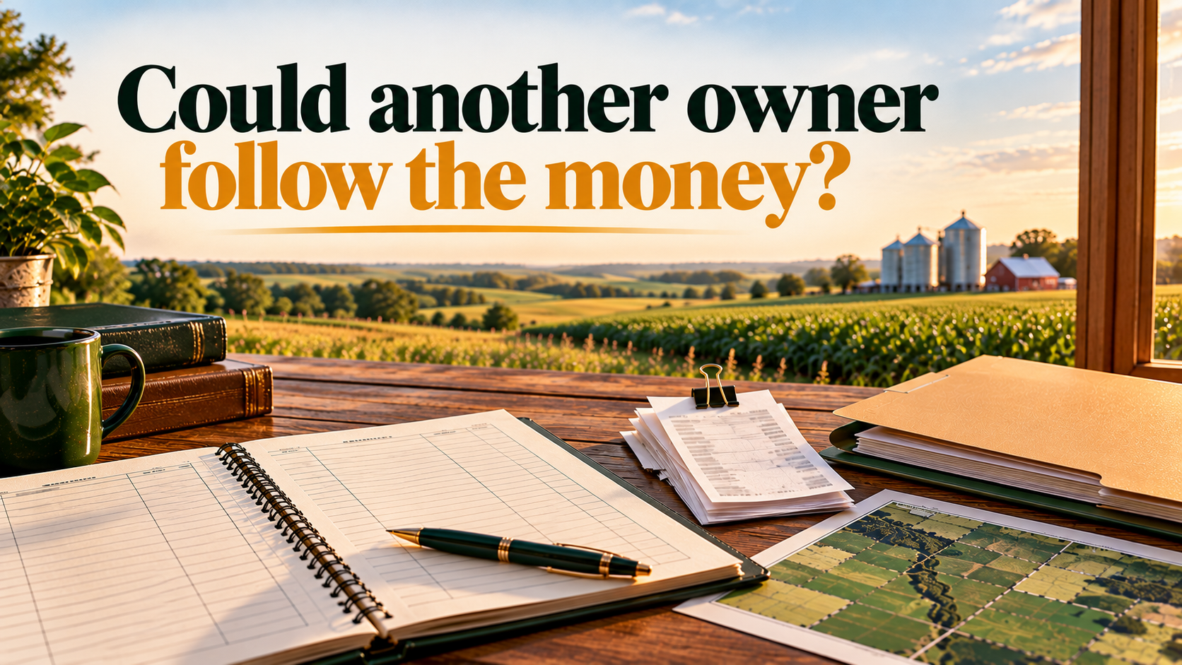 Farm-office ledger, receipts, and a folder overlooking Nebraska farmland, with the words Could another owner follow the money?