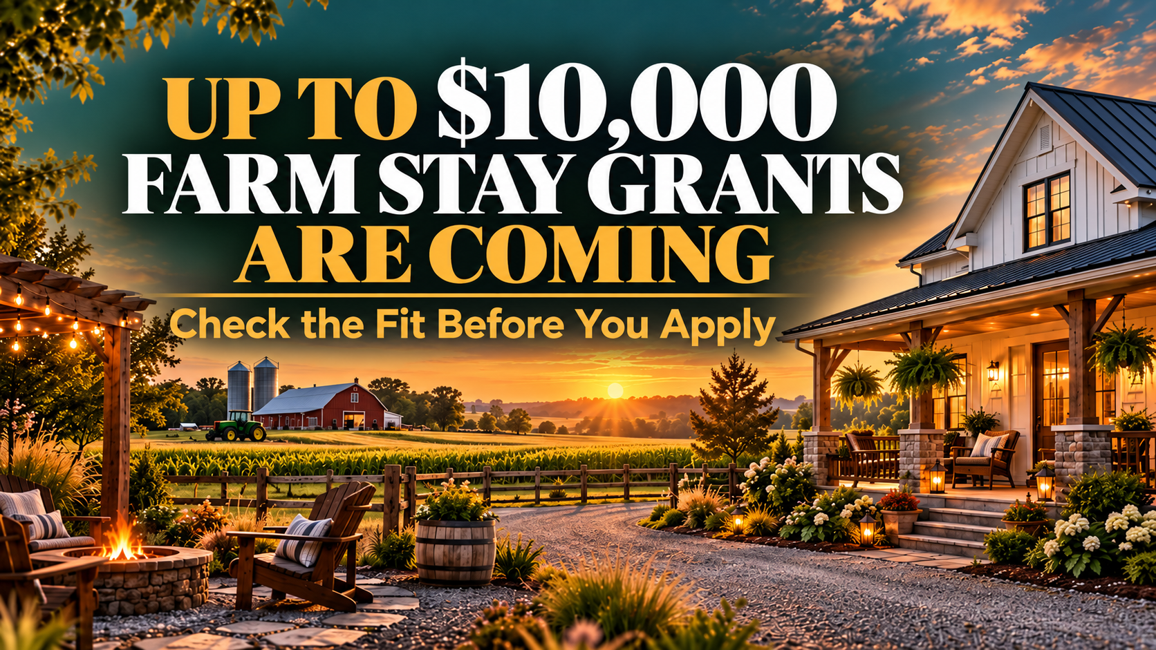 Farmhouse and guest seating overlooking farmland at sunset, with text announcing farm stay grants up to $10,000