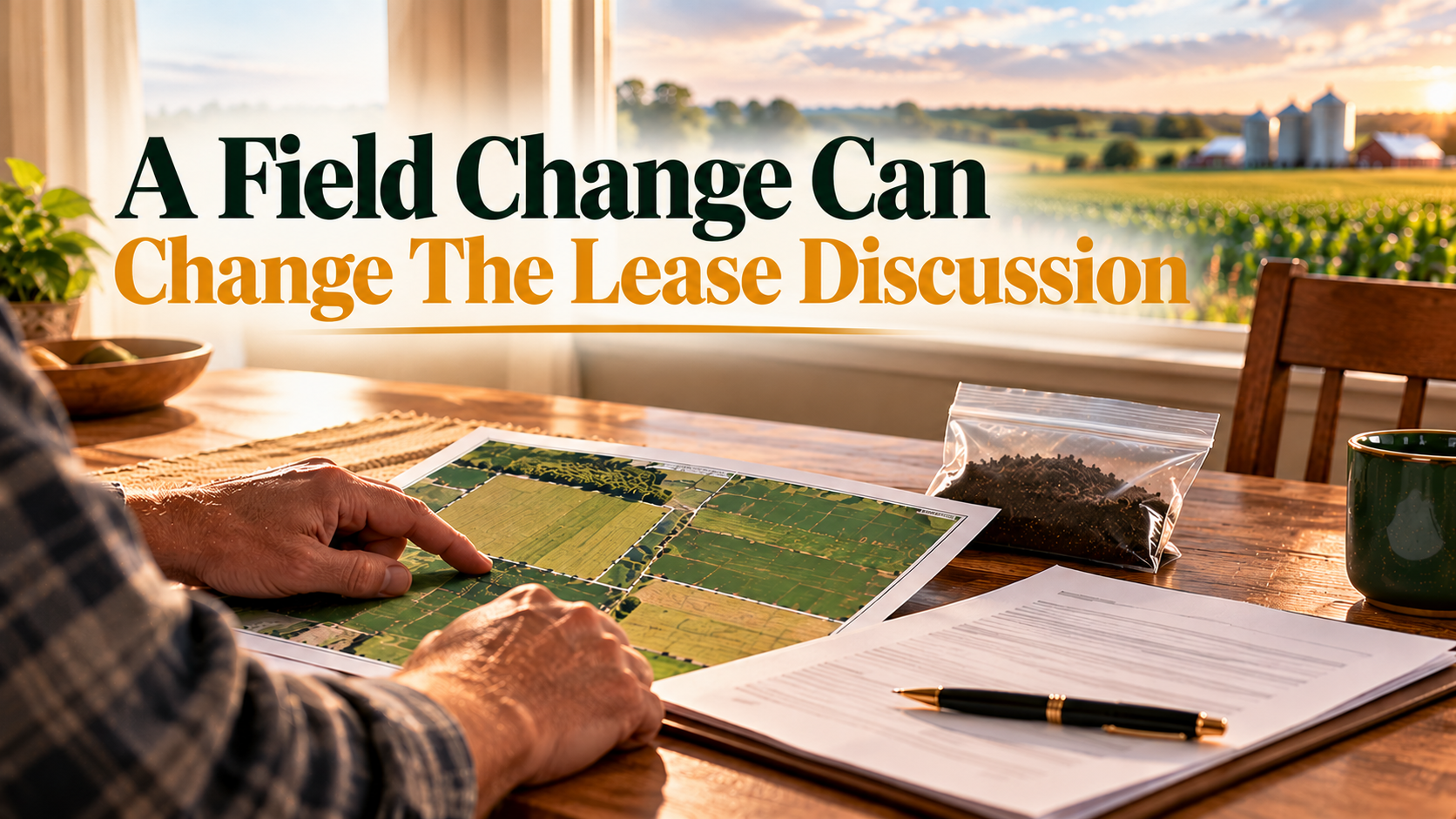 Farmer reviewing a field map, soil sample, and lease paperwork, with the words A Field Change Can Change The Lease Discussion