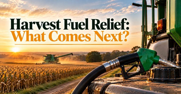 Fuel nozzle beside a tractor and a harvested field at sunset, with the words Harvest Fuel Relief: What Comes Next?