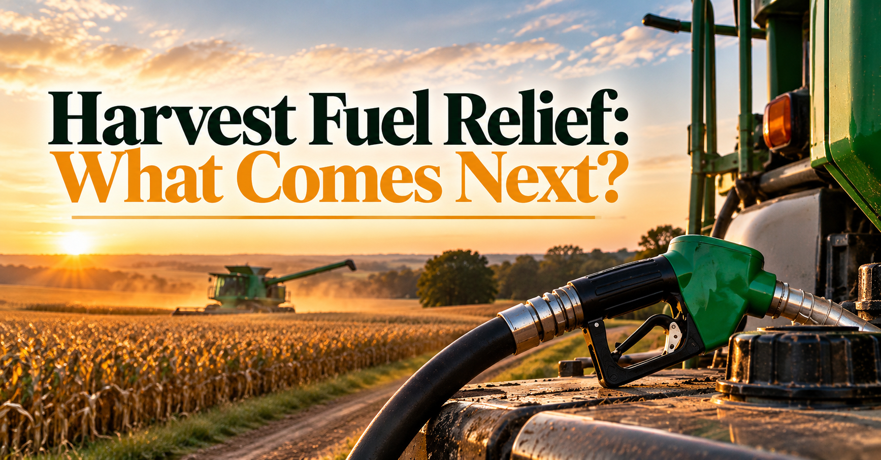Fuel nozzle beside a tractor and a harvested field at sunset, with the words Harvest Fuel Relief: What Comes Next?